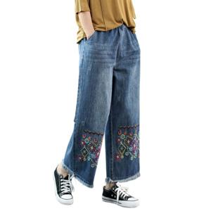 여성 하이웨스트 허리밴딩주름 자수 9부 와이드 데님 팬츠