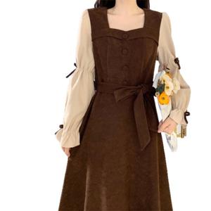 가을 겨울 신상 코듀로이 원피스 기질 우아한 학원풍 충돌색 네모난 칼라 A자 스커트 여성복