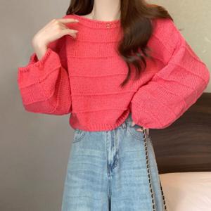 아로하스타일 가오리핏 라운드넥 크롭 긴팔 니트 W728 신축성좋은니트