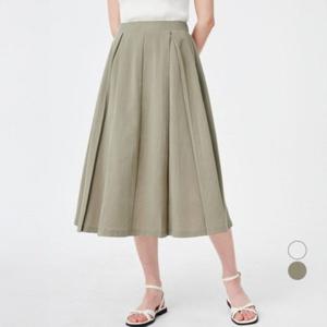 ELLE PARIS 리넨라이크 A라인 핀턱 미디 스커트