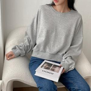 여성 맨투맨/여성 파스텔 코튼 무지 세미 크롭 맨투맨