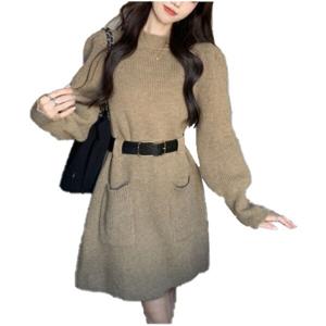 여성 빅사이즈 스판 긴팔 니트 원피스 캐주얼 튜닉 라운드넥 니트 원피스