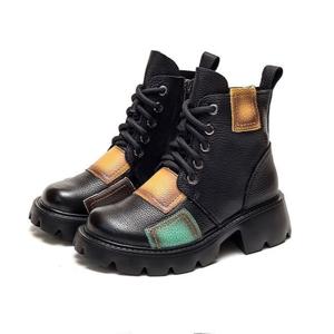 여자 pu 가죽 5cm 통굽 워커부츠 방수 에스닉 발목 부츠
