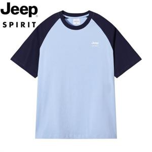 1+1 지프 JEEP SPIRIT 남자 공용 순면 라운드 반팔 티 슬림핏 배색 상의 JP38957