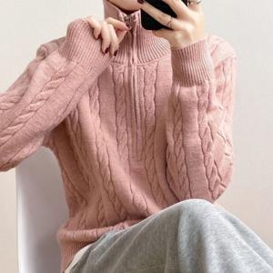 KNMAT심플 시크 패션 가을 여성 상의 여성용 지퍼 카라 꽈배기 니트 티