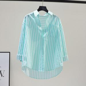 여자 여름 데일리 빅사이즈 카라 포켓 자외선 차단 스트라이프 셔츠