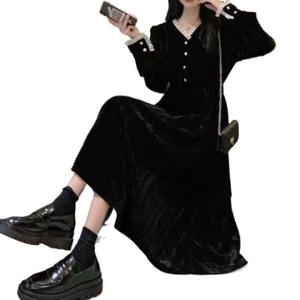 블랙 원피스 2025 가을 겨울 신상 벨벳 V넥 슬림핏 롱 스커트