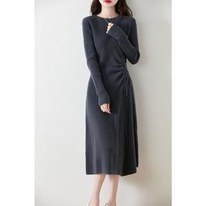 여자 베이직 라운드넥 니트 원피스 롱 원피스 끈 조절 데일리 니트 원피스
