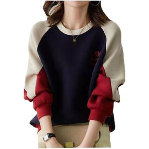 라운드 맨투맨 여 루즈핏 패치워크 컬러 블로킹 후드 긴팔 탑