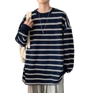 티셔츠 남자트렌드 백합 봄 가을 긴팔 홍콩풍 루즈핏 레깅스 고가 캐주얼 스트라이프 투피스 상의 남성 반