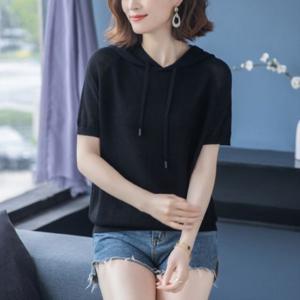 여자 여름 데일리 무지 캐주얼 후드 니트 스트링 반팔 티