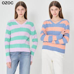 오조크 빅 스트라이프 꽈배기 브이넥 스웨터