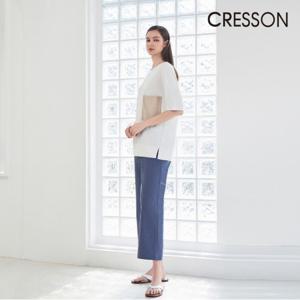 크레송 화이트 여성 우븐패치 디테일 롱티셔츠 C232B001A1_WH