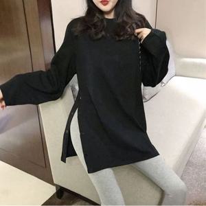 여자 상의 단추 옆라인 포인트 무지 롱티셔츠 루즈핏