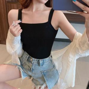 슬림 골지 스퀘어넥 크롭 나시 여름 데일리 탑