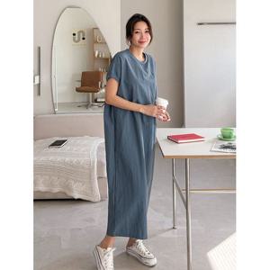 [샵앤]국산 라운드 캡소매 H라인 루즈핏 여성 롱원피스 ARA-WDR-3193-딥블루