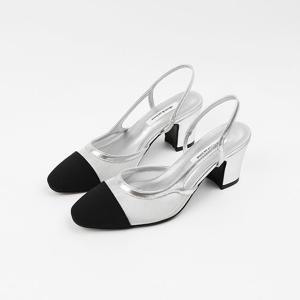 [신난다슈]여성 슬링백 샌들 힐 6cm 뮬 샌들 망사 발편한 통굽 투톤 배색 SKE256038 실버