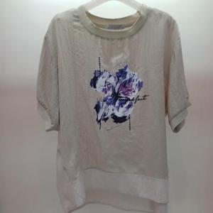 Latium HC06 엉덩이길이 품넉넉한 단가라 셔츠 배색 퍼플리쉬 라운드 반팔 언발 티블라우스 T2523ts18B