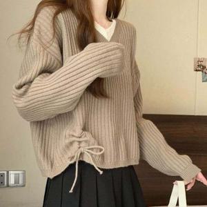 레이스업 브이넥 골지 니트 RNR-0015 여성니트티