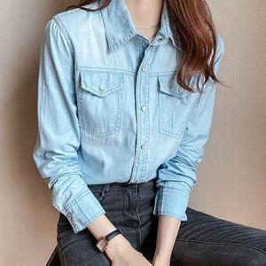 데일리템 여자데님셔츠 청남방블라우스 봄여름가을 얇은 진연청