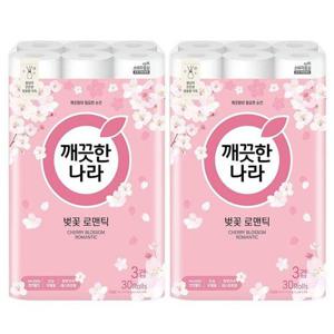 갤러리아_깨끗한나라 벚꽃 로맨틱 3겹 천연펄프 화장지 27m 30롤x2팩