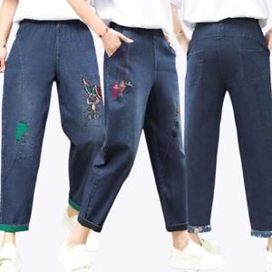 [로즈엘리][4컬러] 여성 간절기 자수 데님진 배기핏 밴딩 청바지