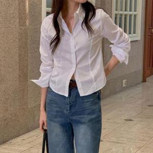 [삐까삐까]슬림 라인 신축성 좋은 기본 크롭 셔츠 여성 숏남방 솔리드셔츠 화이트셔츠