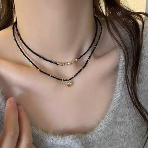 [디자이너몰]여성 블랙 비즈 체인 실버 하트 드롭 목걸이