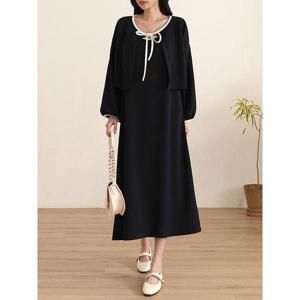 [시크루즈]벳튜 스트링 가디건 + 배색 끈 원피스 세트_BDOP036