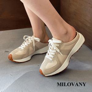 [밀로바니] 국내제작 볼튼 스웨이드 콤비 쿠션 여성 키높이 스니커즈 블로퍼 4cm