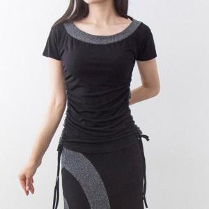 [까르죠아]실버 반짝이 옆 셔링 반팔 블라우스 스포츠 댄스복 티셔츠 여성 상의 라인 줌바 사교