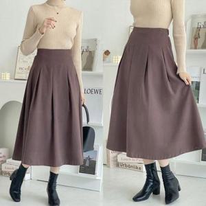 [쉬즈미](SRT-299)핀턱 주름 뒷밴딩 플레어 롱스커트 치마 A라인 가을