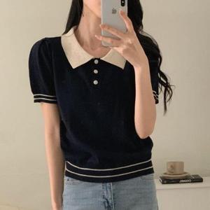 [브이와이][VY] 여자 벌룬 콘트라스트 카라넥 남색 캠퍼스룩 단가라 니트_16359176_588847