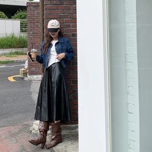 토마토팩토리[당일출고] 여성용 베이디 비건 레더 A라인 플레어 롱 스커트 치마