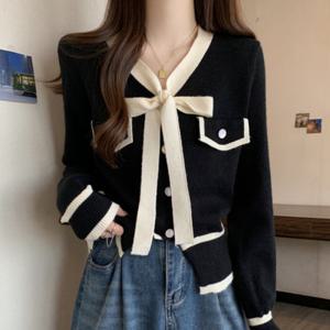 나바바 / NK3265 빈티지 배색 리본 브이넥 긴팔 니트 가디건