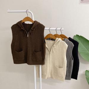 허니제이 / 완투 골지 후드 스트링 포켓 니트 집업 조끼(4color)