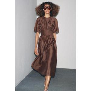 우먼 ZARA 자라 플리츠 웨이스트 니트 드레스 원피스 매칭 디테일 - 브라운 10974490