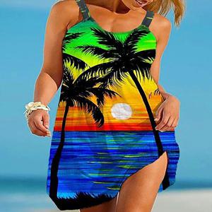 플러스 사이즈 코코넛 나무 프린트 탱크 원피스, 캐주얼 민소매 슬림 원피스, 용수철 및 여름, 여성 플러스 사이즈 의류