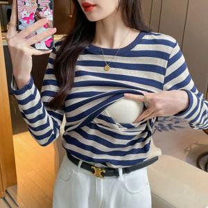 100% 스트라이프 브러쉬 코튼 출산 간호 티셔츠 가을 겨울 슬림 부드러운 긴 소매 모유 수유 티셔츠 임신 탑스