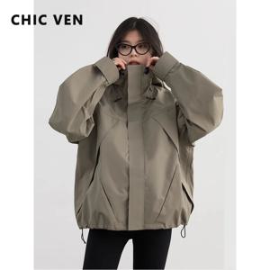 CHIC VEN 여성용 루즈 솔리드 아웃도어 재킷, 캐주얼 스포츠 후드 짧은 코트, 방풍 여성 의류, 가을 겨울 2024