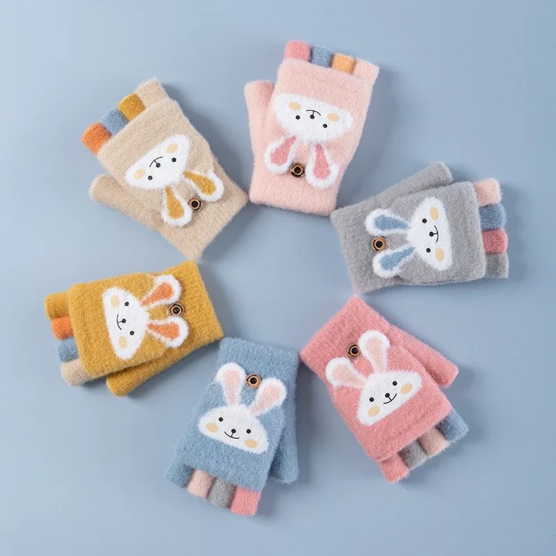 4-11 세 만화 토끼 다섯 손가락 어린이 장갑 겨울 두꺼운 반 손가락 플립 니트 장갑 겨울 새로운 따뜻한 장갑