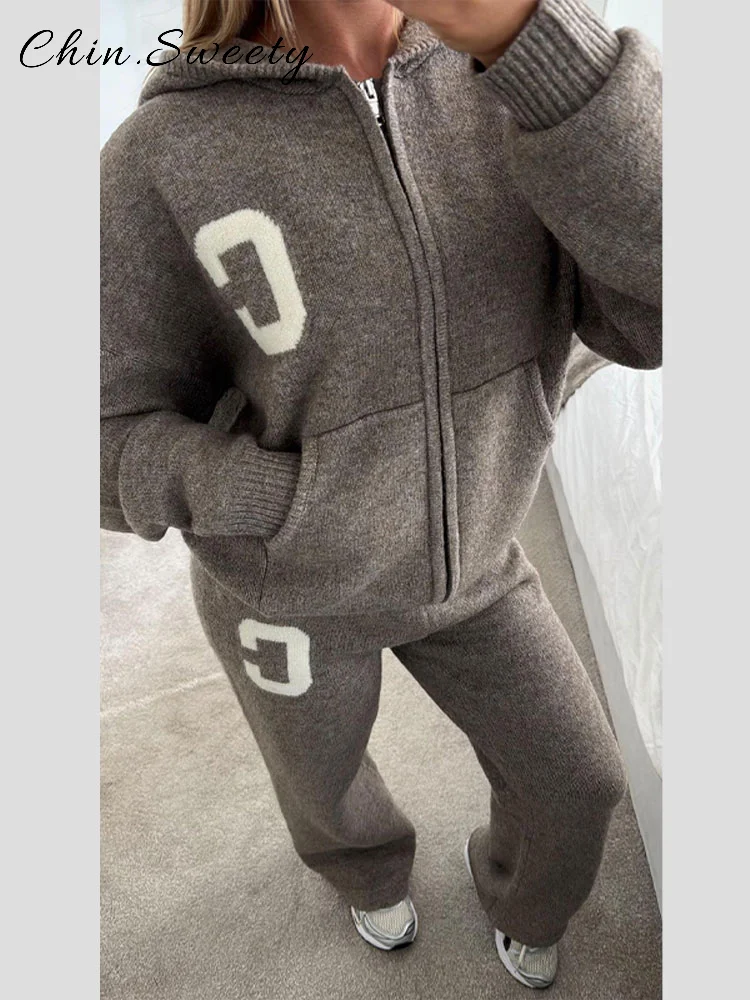 캐주얼 여성 니트 후드 트랙수트 세트 루즈핏 긴팔 지퍼 포켓 재킷 스트레이트 팬츠 2025 가을 겨울 여성복