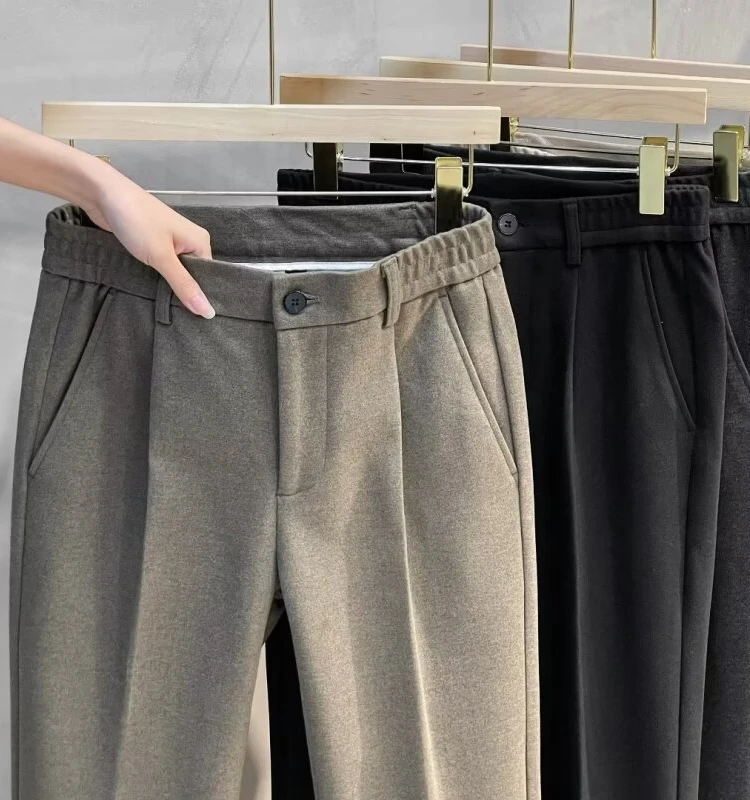 남성용 울 스트레이트 팬츠 가을 겨울 두꺼운 캐주얼 롱 팬츠 패셔너블한 한국 스타일 나인 포인트 팬츠