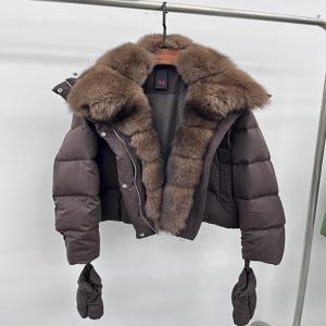 2025 패션 겨울 여성용 따뜻한 천연 여우털 칼라 구스다운 재킷 여성 아우터 패딩 재킷 (장갑 포함)