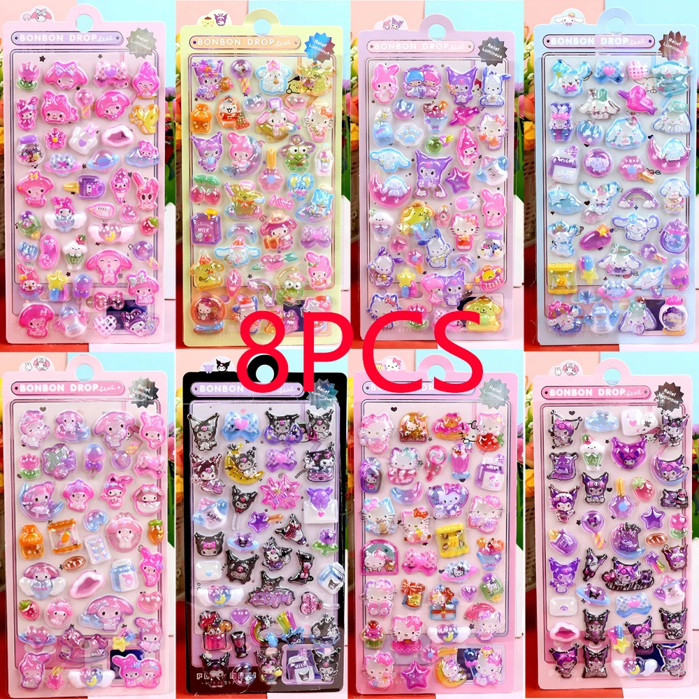 귀여운 만화 발광 산리오 3D 입체 스티커 귀여운 마이 멜로디 쿠로미 시나모롤 데칼 장난감 장식용 노트북 폰 케이스