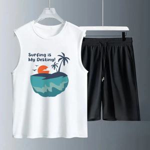 2025 여름 데일리웨어 남성 돌핀 베이 문 프린트 세트 민소매 캐주얼 편안한 경량 남성복 세트 짐 세트
