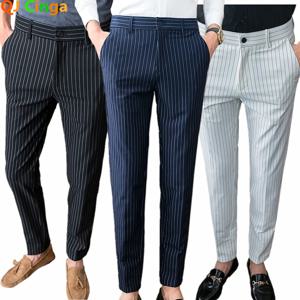 흰색 세로 줄무늬 정장 바지 남성, 블루 블랙 바지, 패션 슬림 남성 바지 비즈니스 Pantalones Hombre 가을 새로운 슬랙스