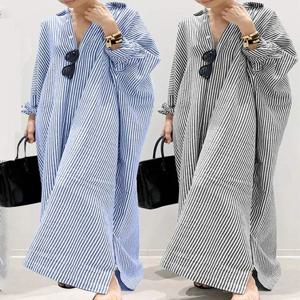 여성용 코튼 린넨 스트라이프 가디건 셔츠 드레스, 무슬림 루즈 라지 캐주얼 기질, 불규칙한 롱 드레스, 여름 2022