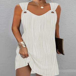 2024 AliExpress 유럽 및 미국 플러스 사이즈 여성, 심플한 단색 금속 단추, V넥 민소매 원피스, 여름 신제품