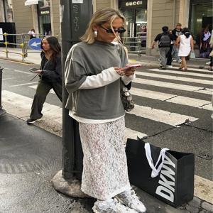 Bornladies 섹시한 관점 화이트 플레어 스커트 여름 여성 휴가 하이 웨스트 롱 스커트 레이스 비치 스타일 스커트